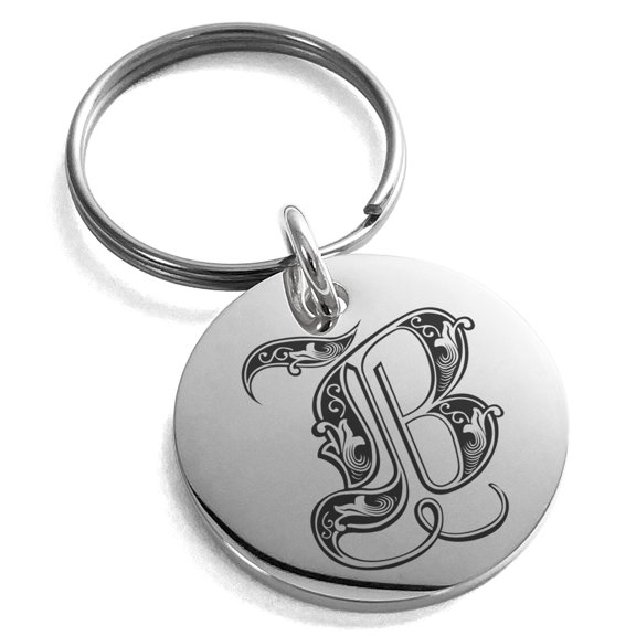 Tioneer Stainless Steel Letter B Initial Royal Monogram Engraved Small Medallion Circle Charm Keychain Keyring
