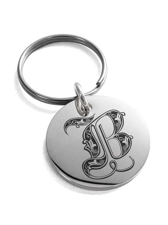 Stainless Steel Letter B Initial Royal Monogram Engraved Small Medallion Circle Charm Keychain Keyring