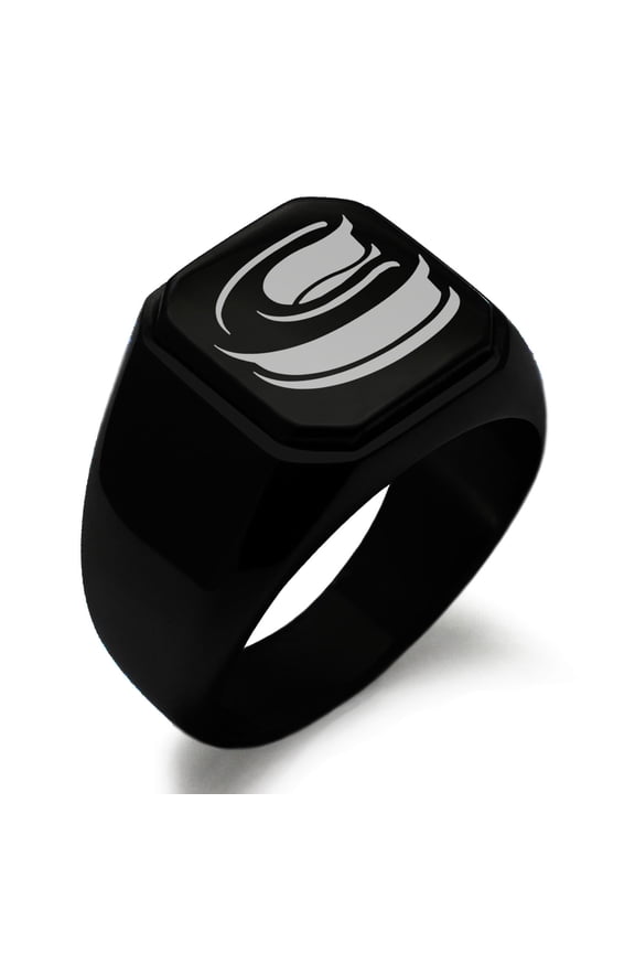 Stainless Steel Letter C Initial 3D Monogram Engraved Engraved Square Flat Top Biker Style Polished Signet Ring