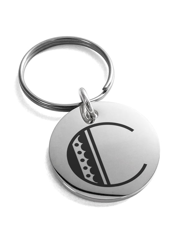 Stainless Steel Letter C Initial Metro Retro Monogram Engraved Small Medallion Circle Charm Keychain Keyring