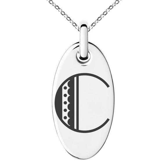 Tioneer Stainless Steel Letter C Initial Metro Retro Monogram Engraved Small Oval Charm Pendant Necklace