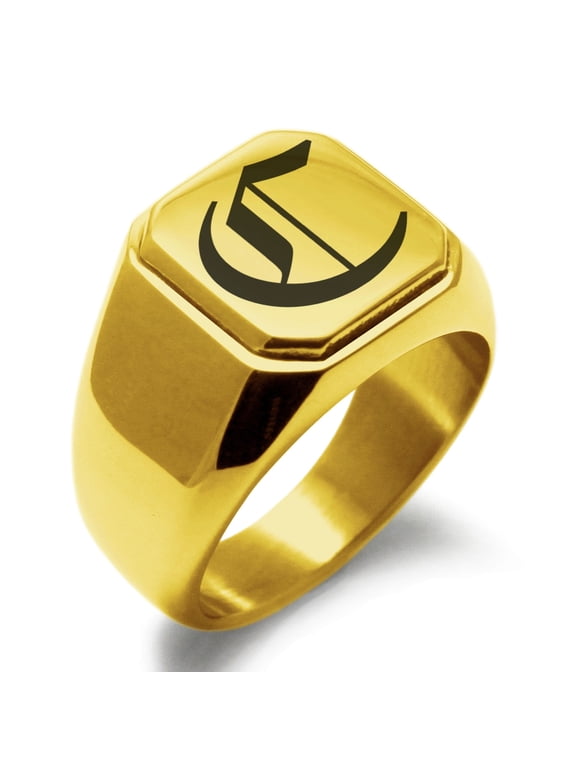 Stainless Steel Letter C Initial Old English Monogram Engraved Engraved Square Flat Top Biker Style Polished Signet Ring