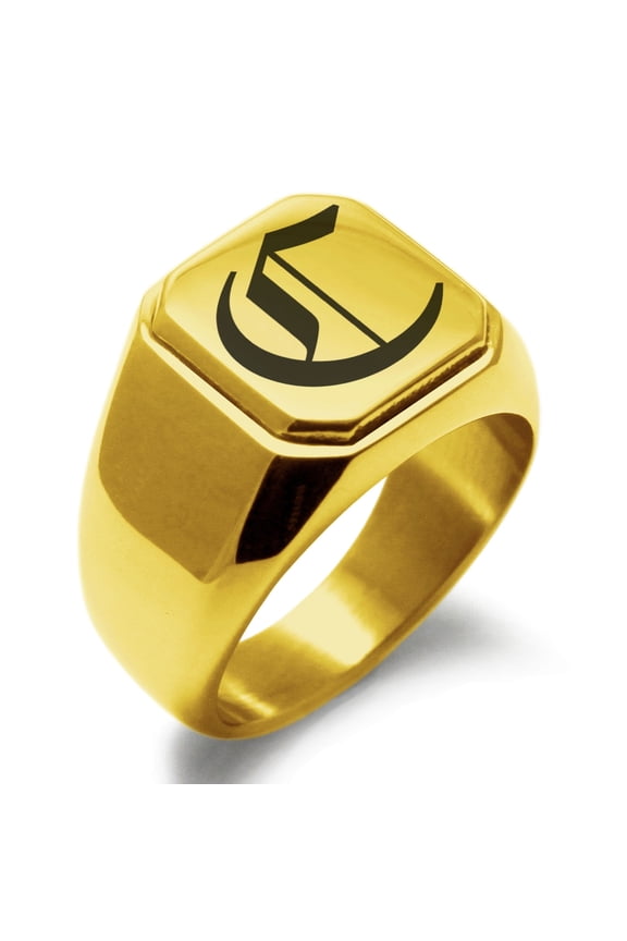Stainless Steel Letter C Initial Old English Monogram Engraved Engraved Square Flat Top Biker Style Polished Signet Ring