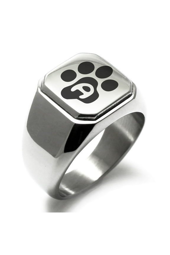 Stainless Steel Letter D Initial Cat Dog Paws Monogram Engraved Engraved Square Flat Top Biker Style Polished Signet Ring