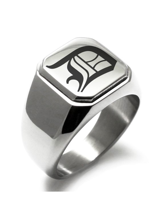 Stainless Steel Letter D Initial Old English Monogram Engraved Engraved Square Flat Top Biker Style Polished Signet Ring