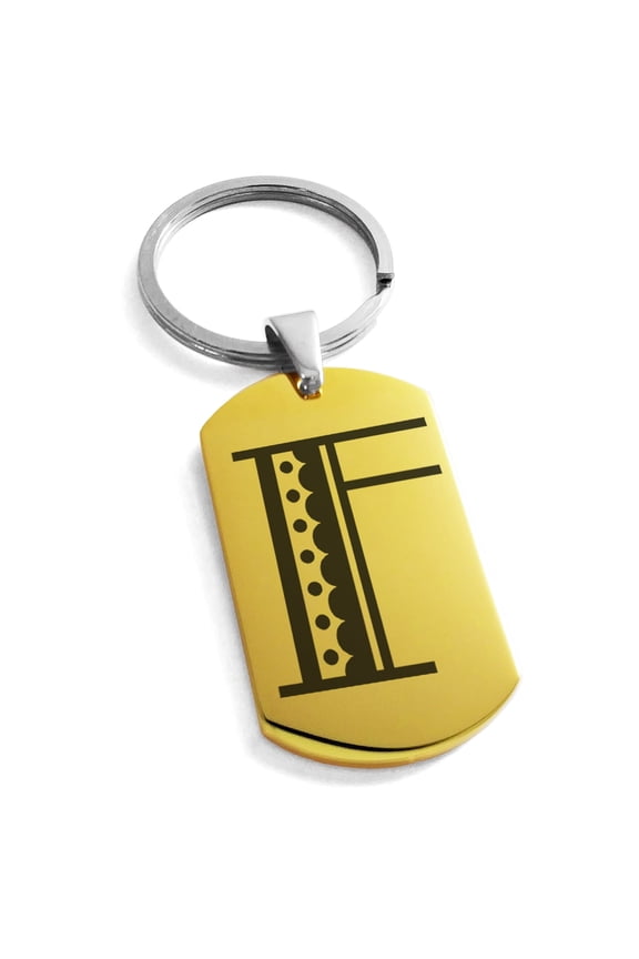 Stainless Steel Letter F Initial Metro Retro Monogram Engraved Dog Tag Keychain Keyring