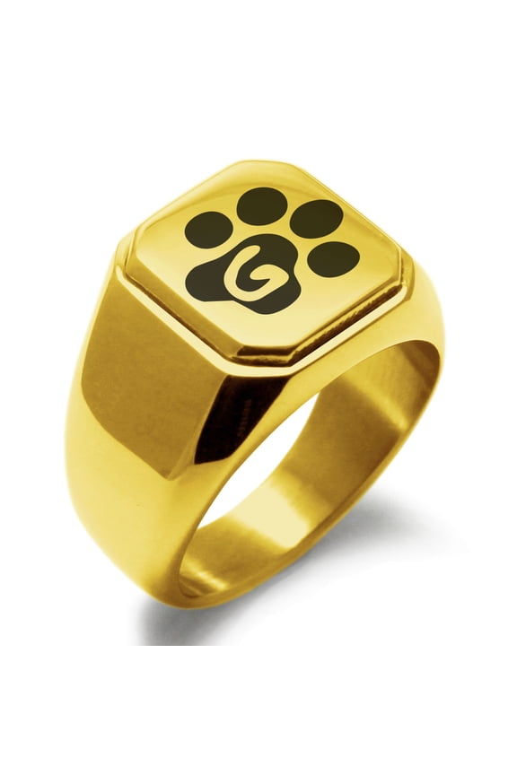 Stainless Steel Letter G Initial Cat Dog Paws Monogram Engraved Engraved Square Flat Top Biker Style Polished Signet Ring