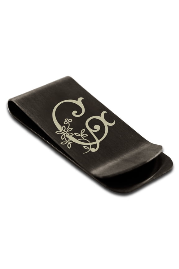 Stainless Steel Letter G Initial Floral Monogram Engraved Engraved Money Clip Credit Card Holder