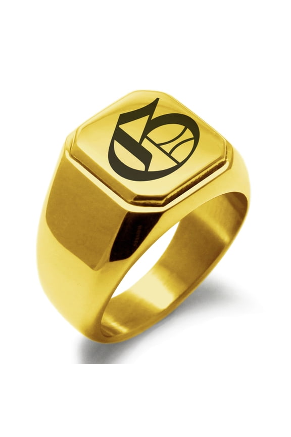 Stainless Steel Letter G Initial Old English Monogram Engraved Engraved Square Flat Top Biker Style Polished Signet Ring