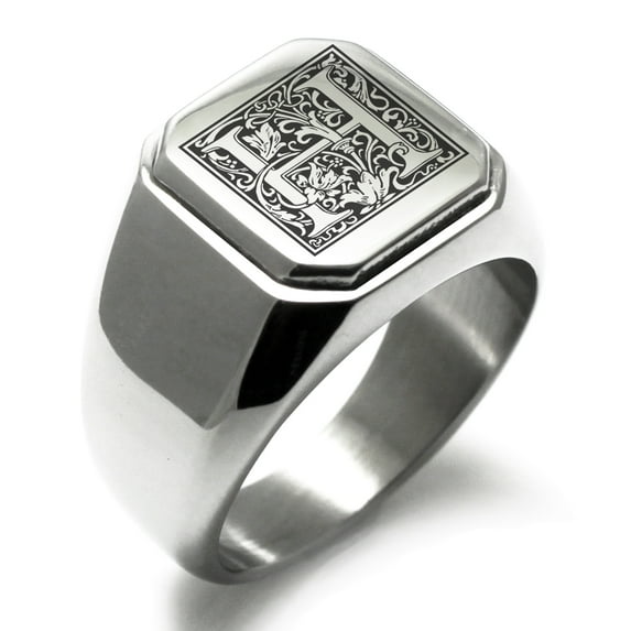 Tioneer Stainless Steel Letter H Initial Floral Box Monogram Engraved Engraved Square Flat Top Biker Style Polished Signet Ring