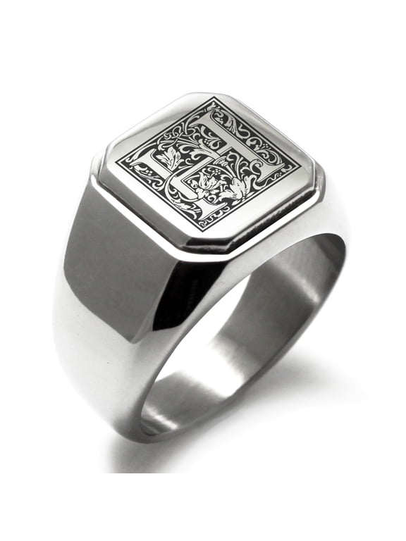 Stainless Steel Letter H Initial Floral Box Monogram Engraved Engraved Square Flat Top Biker Style Polished Signet Ring