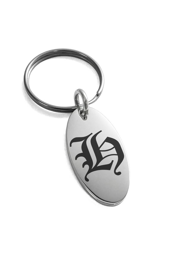 Stainless Steel Letter H Initial Old English Monogram Engraved Small Oval Charm Keychain Keyring