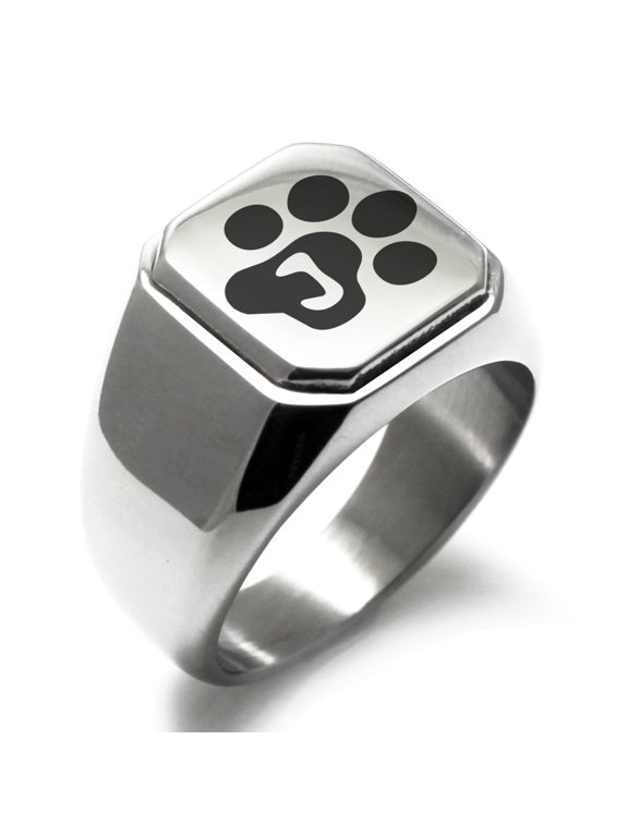 Stainless Steel Letter J Initial Cat Dog Paws Monogram Engraved Engraved Square Flat Top Biker Style Polished Signet Ring