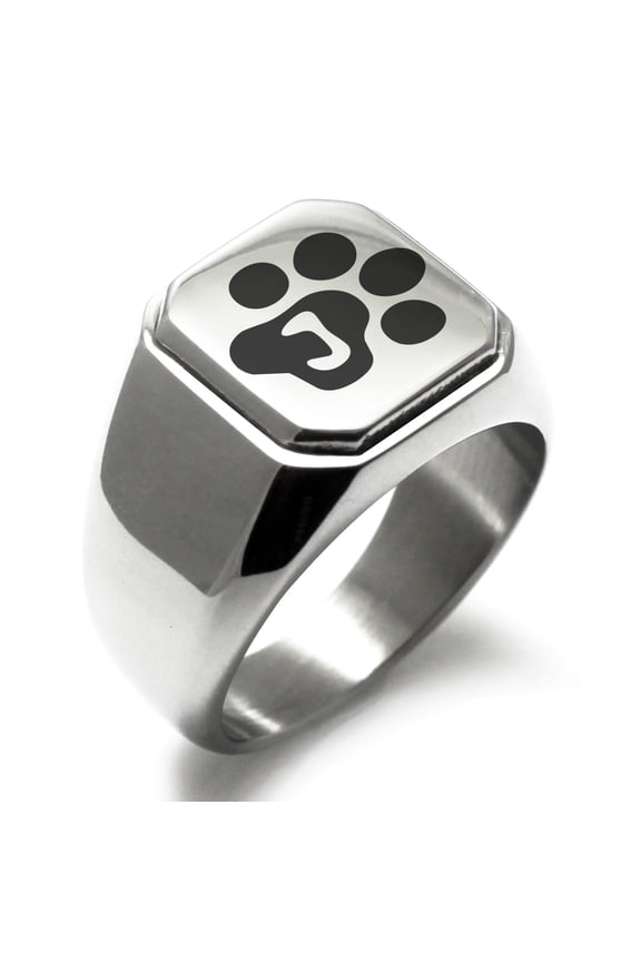 Stainless Steel Letter J Initial Cat Dog Paws Monogram Engraved Engraved Square Flat Top Biker Style Polished Signet Ring