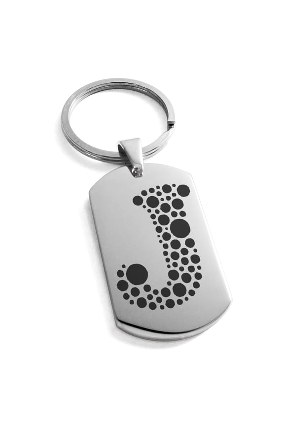 Stainless Steel Letter J Initial Dotted Monogram Engraved Engraved Dog Tag Keychain Keyring