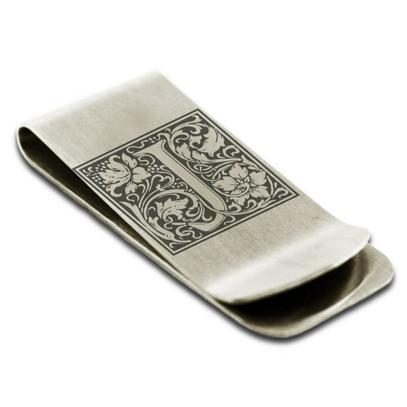 Tioneer Stainless Steel Letter J Initial Floral Box Monogram Engraved Engraved Money Clip Credit Card Holder