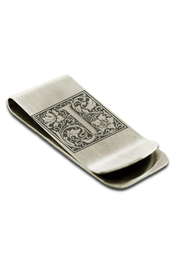Stainless Steel Letter J Initial Floral Box Monogram Engraved Engraved Money Clip Credit Card Holder