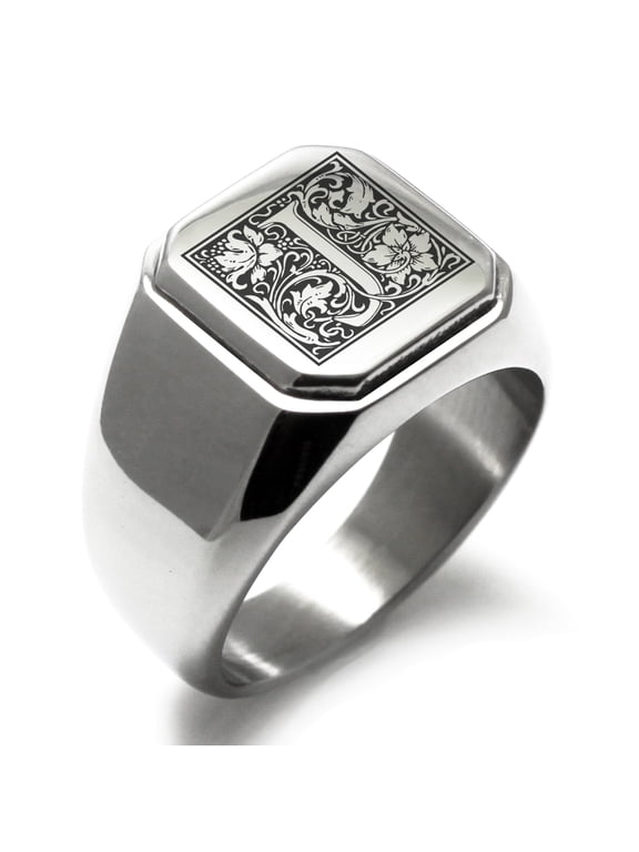Stainless Steel Letter J Initial Floral Box Monogram Engraved Engraved Square Flat Top Biker Style Polished Signet Ring