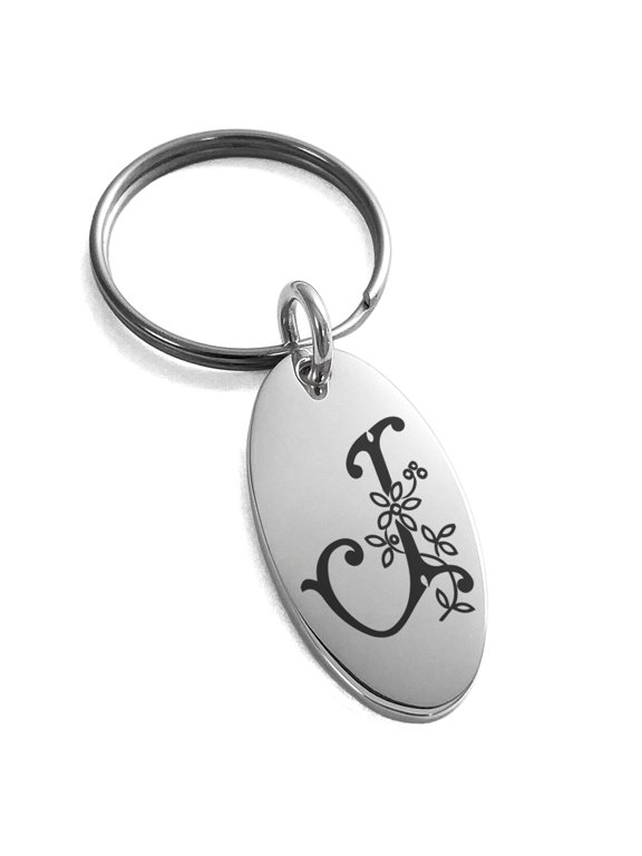 Stainless Steel Letter J Initial Floral Monogram Engraved Small Oval Charm Keychain Keyring