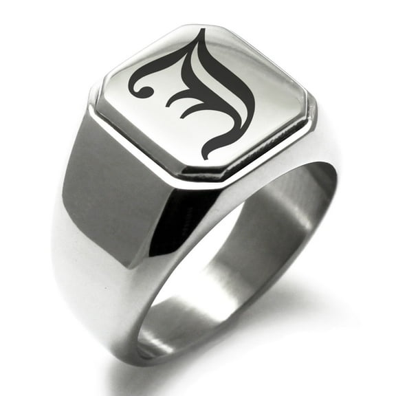 Tioneer Stainless Steel Letter J Initial Old English Monogram Engraved Engraved Square Flat Top Biker Style Polished Signet Ring