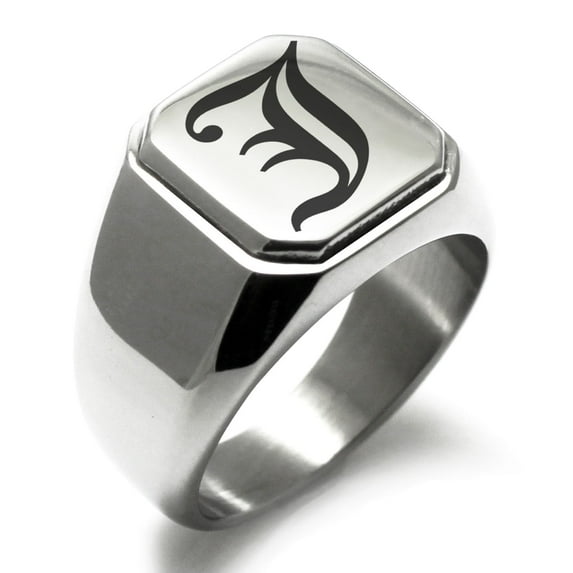 Tioneer Stainless Steel Letter J Initial Old English Monogram Engraved Square Flat Top Biker Style Polished Signet Ring