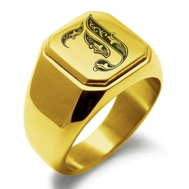 Tioneer Stainless Steel Letter J Initial Royal Monogram Engraved CZ Square Flat Top Biker Signet Ring