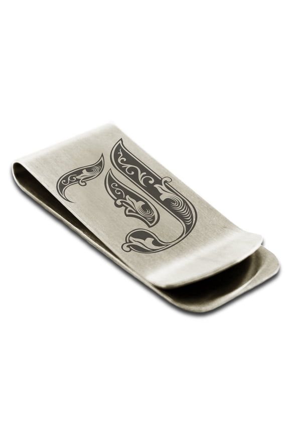 Stainless Steel Letter J Initial Royal Monogram Engraved Engraved Money Clip Credit Card Holder