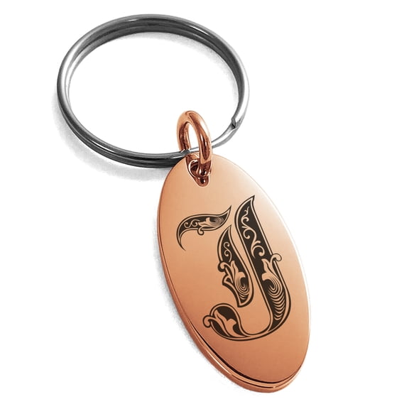 Tioneer Stainless Steel Letter J Initial Royal Monogram Engraved Small Oval Charm Keychain Keyring