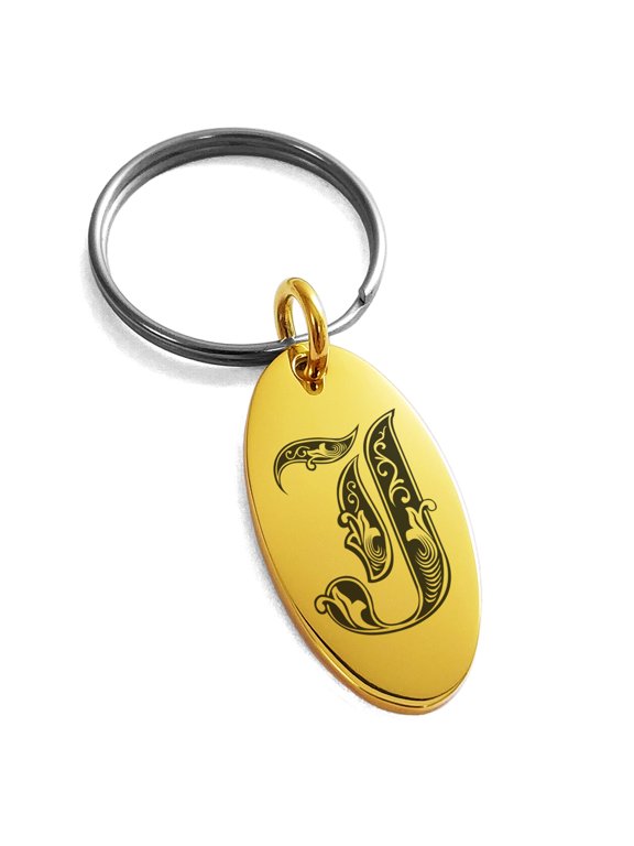 Stainless Steel Letter J Initial Royal Monogram Engraved Small Oval Charm Keychain Keyring