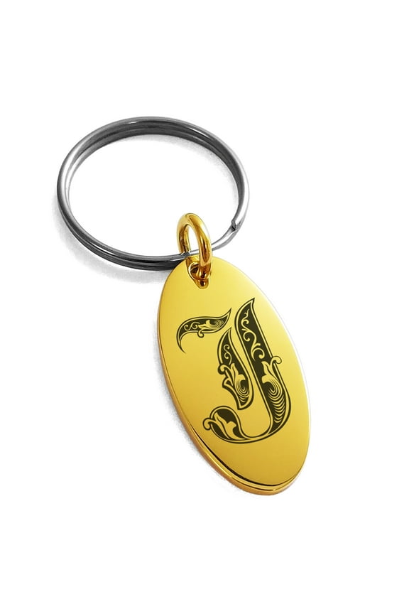 Stainless Steel Letter J Initial Royal Monogram Engraved Small Oval Charm Keychain Keyring