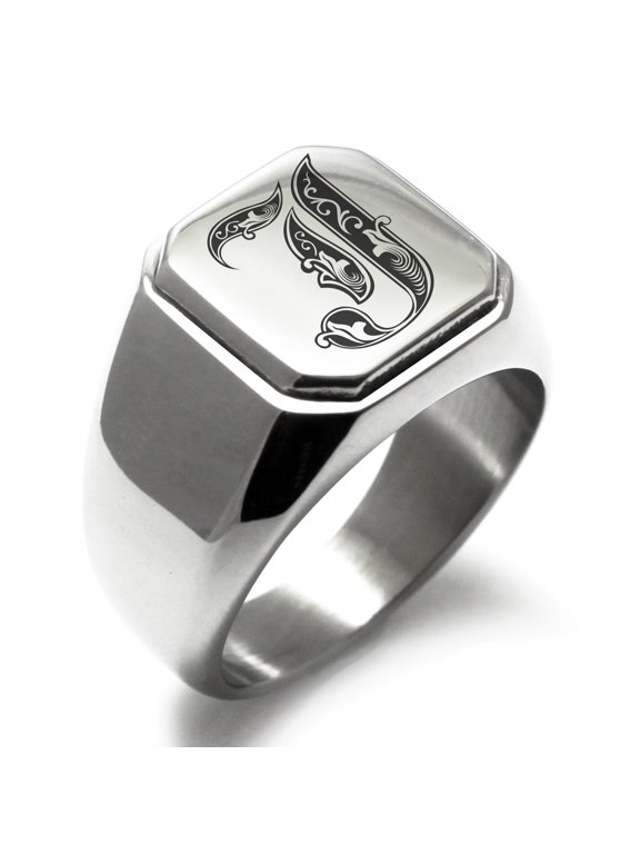 Stainless Steel Letter J Initial Royal Monogram Engraved Square Flat Biker CZ Signet Ring