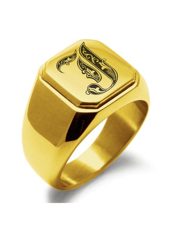 Stainless Steel Letter J Initial Royal Monogram Engraved Square Flat Top Biker Style Polished Signet Ring