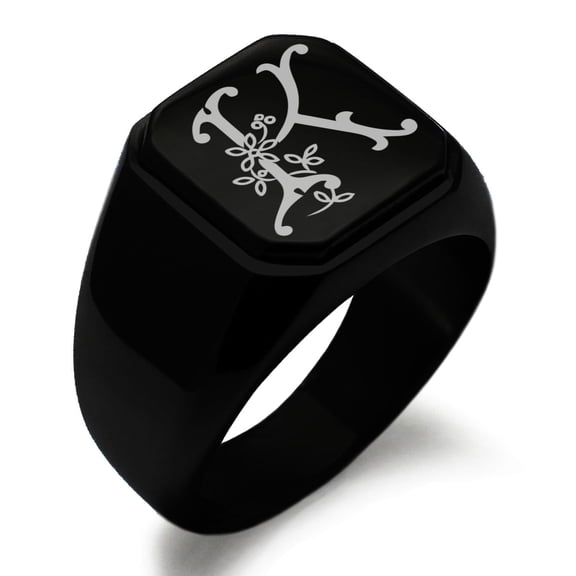 Tioneer Stainless Steel Letter K Initial Floral Monogram Engraved Square Flat Top Biker Style Polished Signet Ring