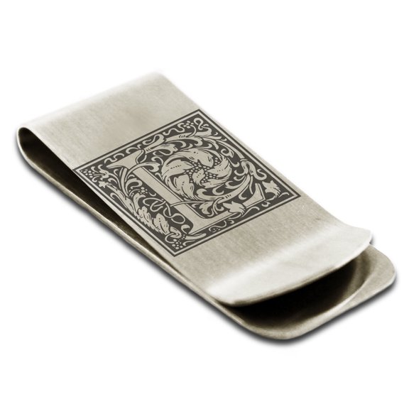 Tioneer Stainless Steel Letter L Initial Floral Box Monogram Engraved Engraved Money Clip Credit Card Holder