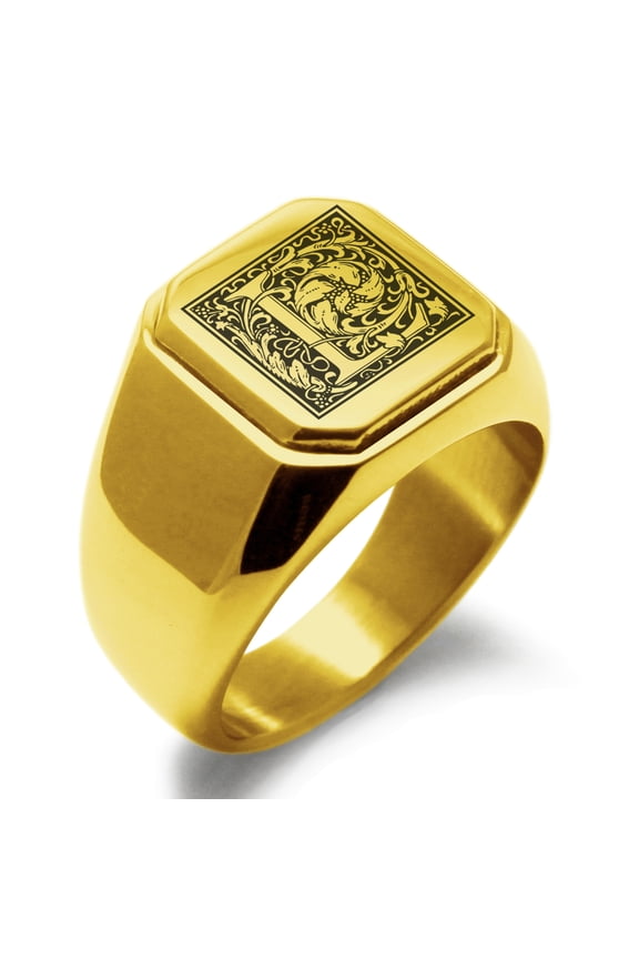 Stainless Steel Letter L Initial Floral Box Monogram Engraved Engraved Square Flat Top Biker Style Polished Signet Ring