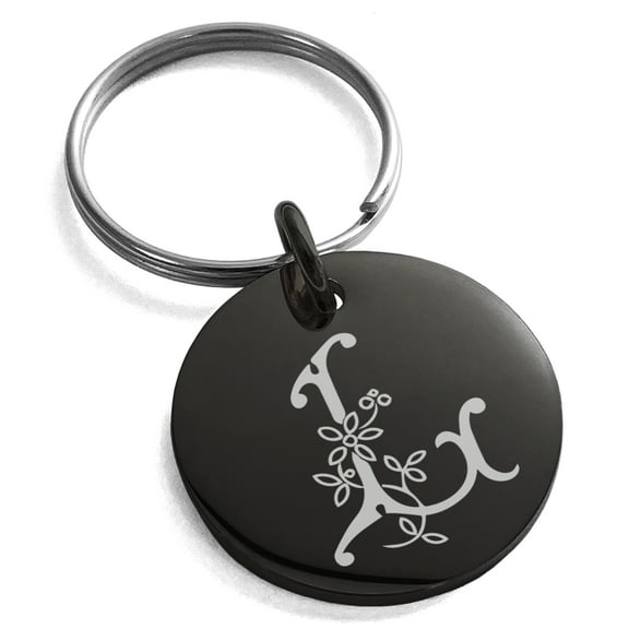 Tioneer Stainless Steel Letter L Initial Floral Monogram Engraved Small Medallion Circle Charm Keychain Keyring