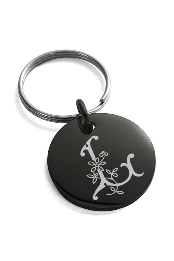 Stainless Steel Letter L Initial Floral Monogram Engraved Small Medallion Circle Charm Keychain Keyring