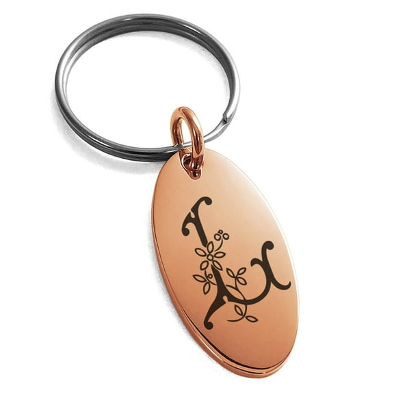 Tioneer Stainless Steel Letter L Initial Floral Monogram Engraved Small Oval Charm Keychain Keyring