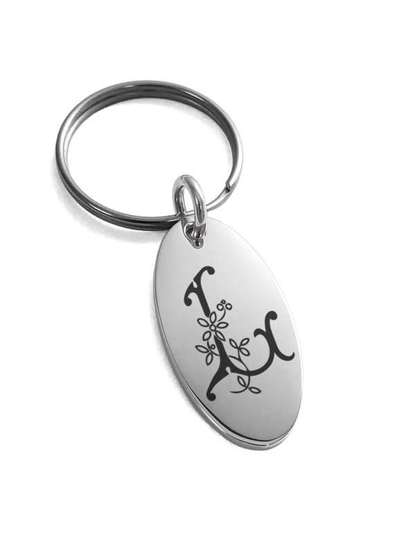 Stainless Steel Letter L Initial Floral Monogram Engraved Small Oval Charm Keychain Keyring
