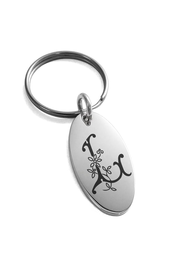 Stainless Steel Letter L Initial Floral Monogram Engraved Small Oval Charm Keychain Keyring