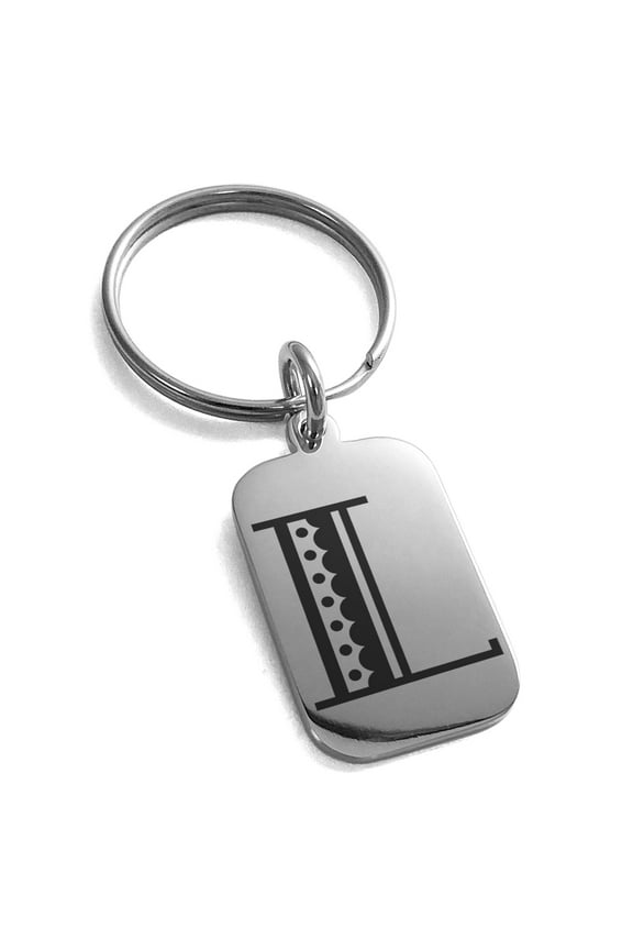 Stainless Steel Letter L Initial Metro Retro Monogram Engraved Small Rectangle Dog Tag Charm Keychain Keyring