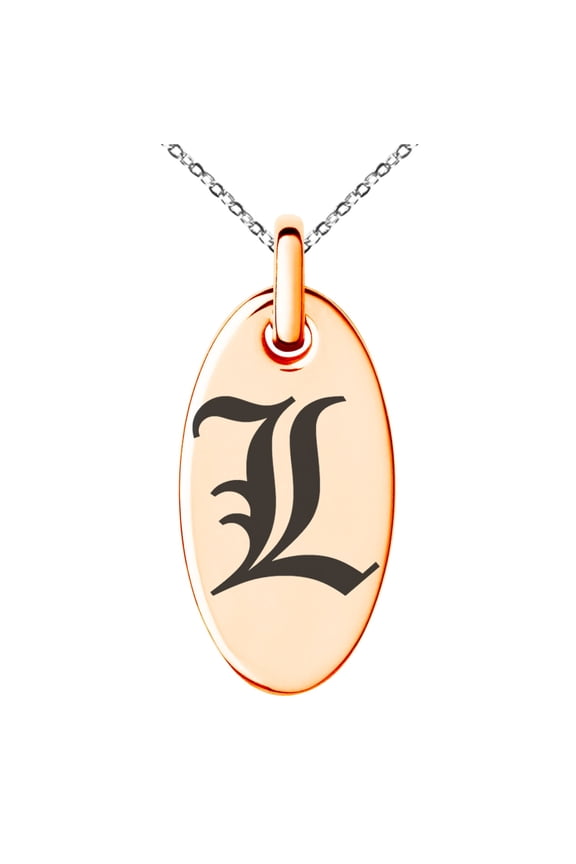 Stainless Steel Letter L Initial Old English Monogram Engraved Small Oval Charm Pendant Necklace
