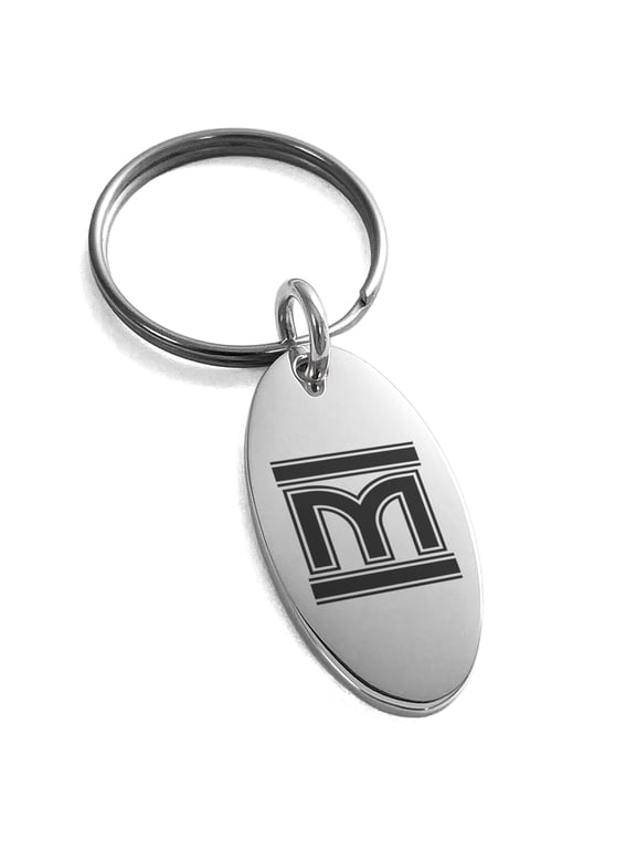 Stainless Steel Letter M Initial Empire Monogram Engraved Small Oval Charm Keychain Keyring