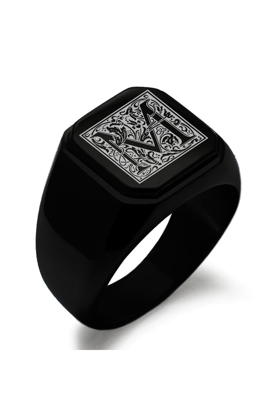 Stainless Steel Letter M Initial Floral Box Monogram Engraved Engraved Square Flat Top Biker Style Polished Signet Ring