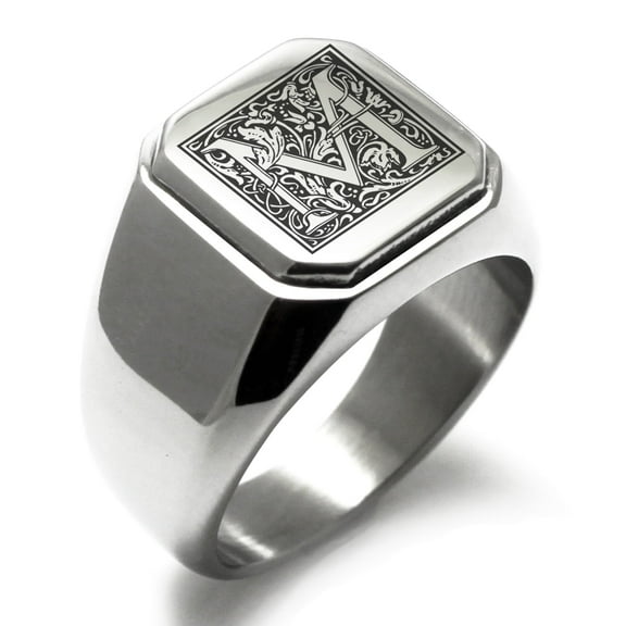 Tioneer Stainless Steel Letter M Initial Floral Box Monogram Engraved Square Flat Top Biker Style Polished Signet Ring