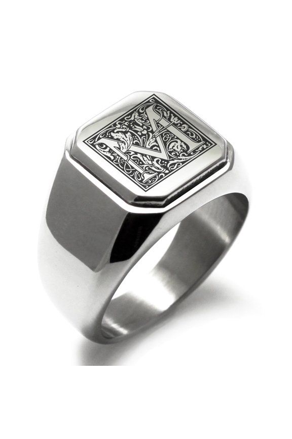 Stainless Steel Letter M Initial Floral Box Monogram Engraved Square Flat Top Biker Style Polished Signet Ring