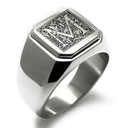 TIONEER Stainless Steel Letter M Initial Floral Box Monogram Engraved Square Flat Top Biker Style Polished Signet Ring