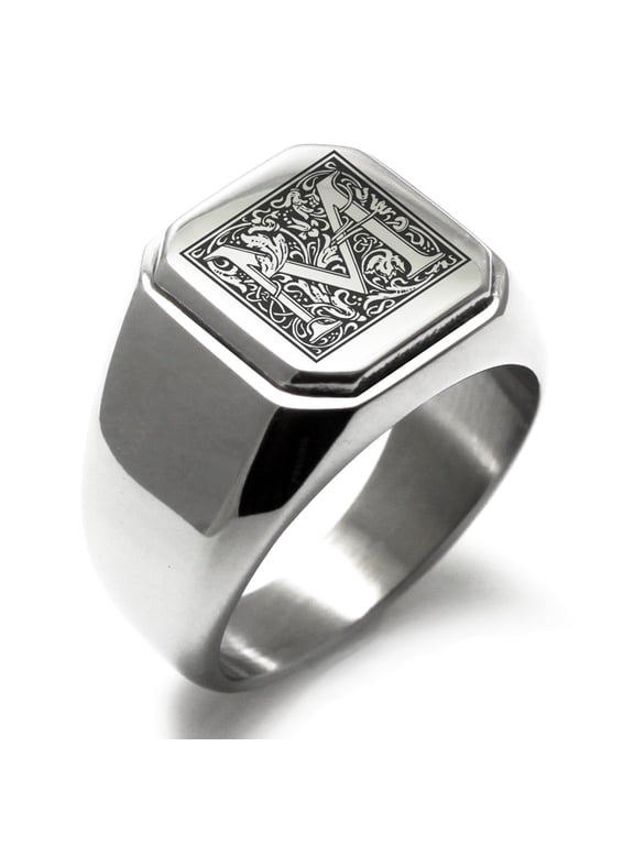 Stainless Steel Letter M Initial Floral Box Monogram Engraved Square Flat Top Biker Style Polished Signet Ring