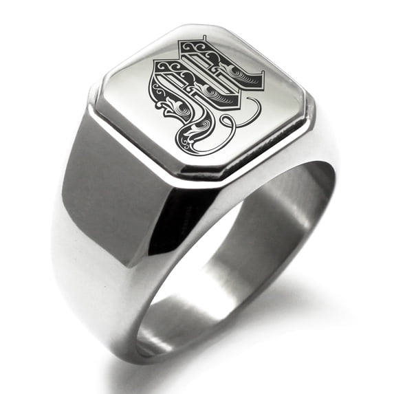 Tioneer Stainless Steel Letter M Initial Royal Monogram Engraved Square Flat Top Biker Style Polished Signet Ring