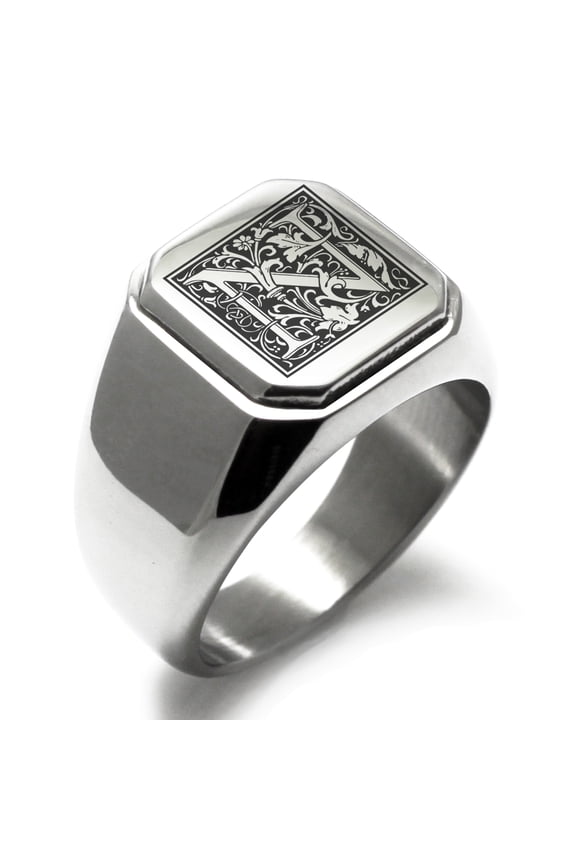 Stainless Steel Letter N Initial Floral Box Monogram Engraved Engraved Square Flat Top Biker Style Polished Signet Ring